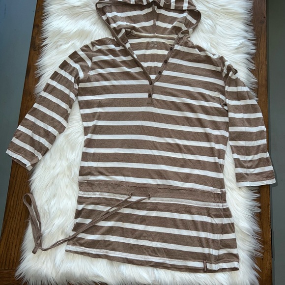 Columbia pullover hooded 3/4 sleeve strip top with drawstring waist Y2K sz Small - Picture 6 of 12